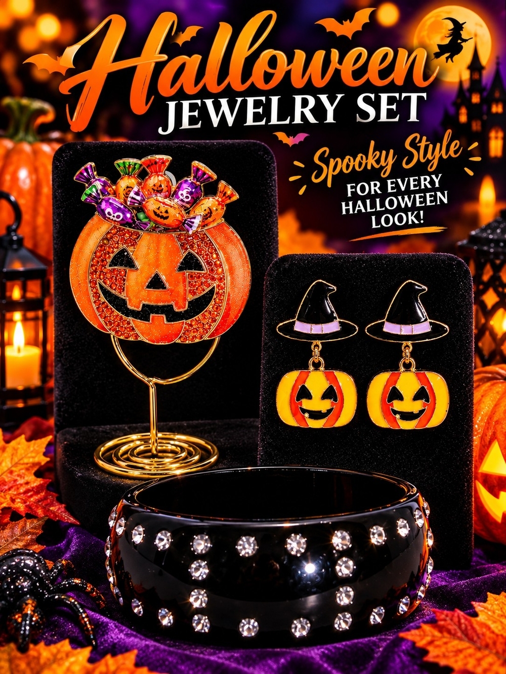 🎃 Halloween Jack-O-Lantern Brooch, Earrings & Bangle Bracelet In Orange & Black